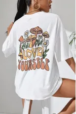 Kadın Baskılı Oversize kısa kol T-Shirt - Beyaz