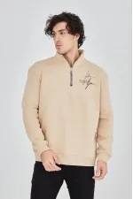 Erkek Yarım Fermuarlı Baskılı 3 iplik pamuklu sweatshirt - Bej Erkek Yarım Fermuarlı Baskılı 3 iplik pamuklu sweatshirt - Bej