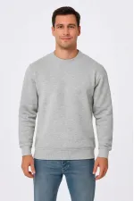 Erkek 3 İplik Pamuklu Düz Bisiklet Yaka SweatShirt - Gri