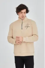 Erkek Yarım Fermuarlı Baskılı 3 iplik pamuklu sweatshirt - Bej Erkek Yarım Fermuarlı Baskılı 3 iplik pamuklu sweatshirt - Bej