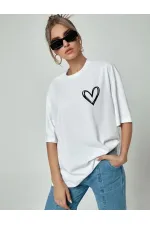 Kadın Tişört Bisiklet Yaka Baskılı Oversize T-Shirt - Beyaz