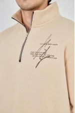 Erkek Yarım Fermuarlı Baskılı 3 iplik pamuklu sweatshirt - Bej Erkek Yarım Fermuarlı Baskılı 3 iplik pamuklu sweatshirt - Bej