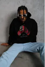 Erkek Kapüşonlu Cepli Box Eldiven Baskılı 3 İplik Sweatshirt Hoodie - Siyah