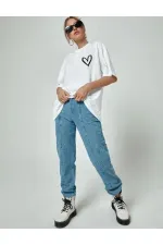 Kadın Tişört Bisiklet Yaka Baskılı Oversize T-Shirt - Beyaz