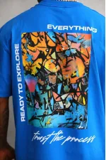 Erkek Bisiklet Yaka Baskılı Oversize T-Shirt - Mavi Erkek Bisiklet Yaka Baskılı Oversize T-Shirt - Mavi