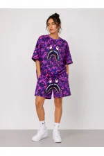 Kadın Oversize Kalıp Pubg Bape X Shark Nakışlı Cepli Şort Takım - Mor Kadın Oversize Kalıp Pubg Bape X Shark Nakışlı Cepli Şort Takım - Mor