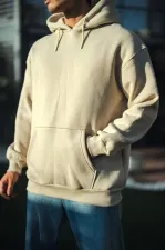 Erkek 3 İplik Pamuklu Kapüşonlu Basic SweatShirt Hoodie - Bej Erkek 3 İplik Pamuklu Kapüşonlu Basic SweatShirt Hoodie - Bej