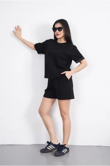 Osy Modal yumuşak dokulu Kumaş Kadın Bisiklet Yaka T-shirt Kısa Şort İkili Takım - Siyah