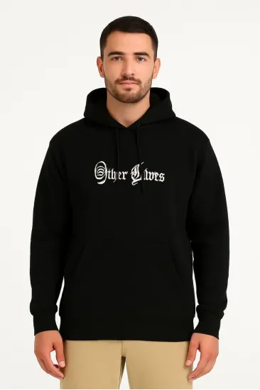 Erkek Kapüşonlu Kanguru Cepli Sweatshirt 3 İplik Pamuklu Baskılı Hoodie - Siyah Erkek Kapüşonlu Kanguru Cepli Sweatshirt 3 İplik Pamuklu Baskılı Hoodie - Siyah