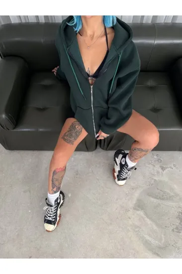 Kadın 3 İplik Pamuklu Kapüşonlu Kanguru Cepli Baskılı Oversize Hoodie Sweatshirt - Haki Kadın 3 İplik Pamuklu Kapüşonlu Kanguru Cepli Baskılı Oversize Hoodie Sweatshirt - Haki