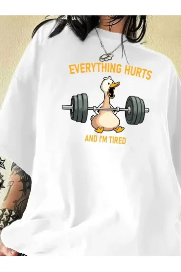 Kadın T-Shirt Ördek Baskılı Bisiklet Yaka Kısa kol Tişört - Beyaz Kadın T-Shirt Ördek Baskılı Bisiklet Yaka Kısa kol Tişört - Beyaz