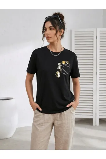 Kadın Sevimli Kedi Cep Baskılı Tişört Kısa Kol Yazlık T-Shirt - Siyah