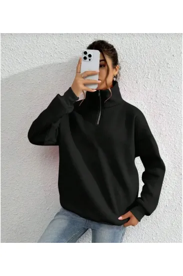 Kadın 3 iplik Pamuklu Uzun Kol Yarım Farmuarlı Yakalı SweatShirt - Siyah Kadın 3 iplik Pamuklu Uzun Kol Yarım Farmuarlı Yakalı SweatShirt - Siyah