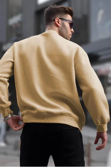 Erkek Düz Bisiklet Yaka 3 iplik pamuklu Sweatshirt - Bej