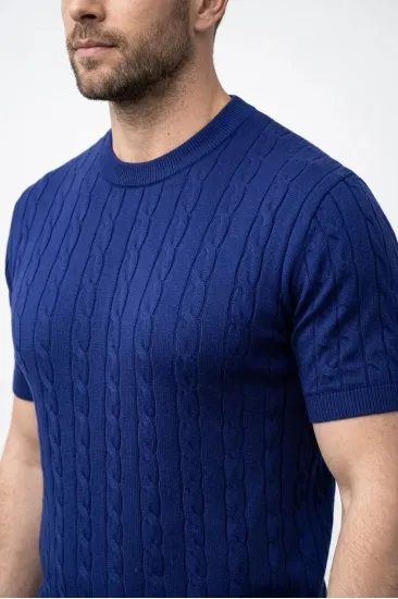 Erkek Yazlık Triko Dokuma Tişört Kısa Kol Bisiklet Yaka Örgü Desenli T-Shirt - Lacivert Erkek Yazlık Triko Dokuma Tişört Kısa Kol Bisiklet Yaka Örgü Desenli T-Shirt - Lacivert