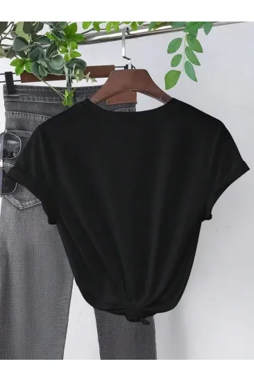 Kadın Kalp Baskılı T-Shirt Kısa Kol Bisiklet Yaka Oversize Tişört - Siyah