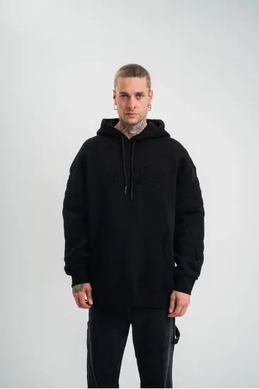 Erkek 3 İplik Pamuklu Oversize Kapüşonlu Nakışlı Hoodie SweatShirt - Siyah Erkek 3 İplik Pamuklu Oversize Kapüşonlu Nakışlı Hoodie SweatShirt - Siyah