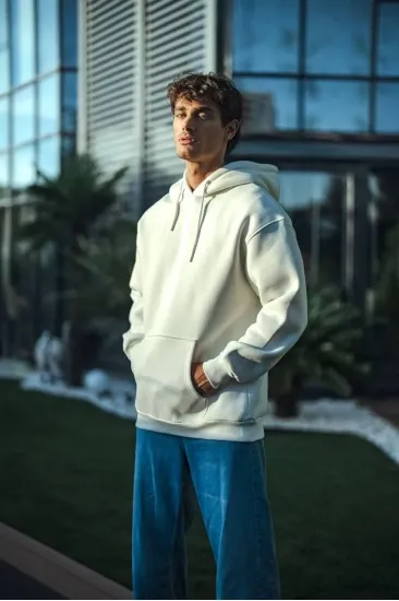 Erkek 3 İplik Pamuklu Kapüşonlu Basic SweatShirt Hoodie - Beyaz Erkek 3 İplik Pamuklu Kapüşonlu Basic SweatShirt Hoodie - Beyaz