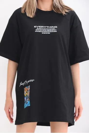 kadın Bisiklet Yaka Baskılı Oversize T-Shirt - Siyah kadın Bisiklet Yaka Baskılı Oversize T-Shirt - Siyah