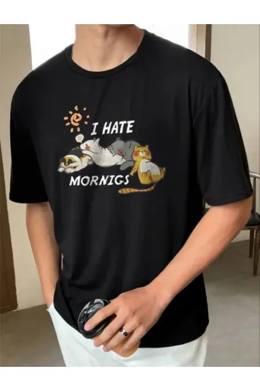 Erkek Baskılı T-Shirt Kısa Kol Bisiklet Yaka Regular Fit Rahat Kalıp Günlük Tişört - Siyah Erkek Baskılı T-Shirt Kısa Kol Bisiklet Yaka Regular Fit Rahat Kalıp Günlük Tişört - Siyah