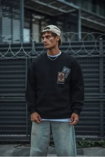Erkek 3 iplik Pamuklu Bisiklet Yaka Baskılı SweatShirt - Siyah Erkek 3 iplik Pamuklu Bisiklet Yaka Baskılı SweatShirt - Siyah