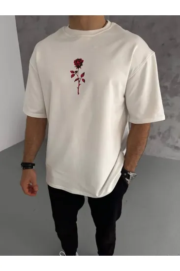 Erkek Kısa Kol Tişört Bisiklet Yaka GÜL Baskılı Oversize T-Shirt - Beyaz Erkek Kısa Kol Tişört Bisiklet Yaka GÜL Baskılı Oversize T-Shirt - Beyaz