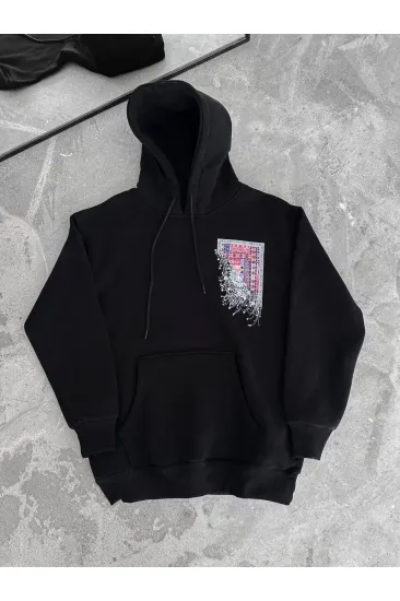 Kadın Kapüşonlu Kanguru Cepli Sweatshirt 3 İplik Pamuklu Baskılı Hoodie - Siyah