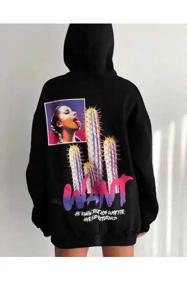 Kadın Oversize Kapüşonlu Cepli WANT Baskılı 3 İplik Pamuklu Hoodie Sweatshirt - Siyah Kadın Oversize Kapüşonlu Cepli WANT Baskılı 3 İplik Pamuklu Hoodie Sweatshirt - Siyah
