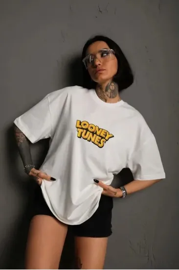 kadın Bisiklet Yaka Baskılı Oversize Kısa kol T-Shirt - Beyaz kadın Bisiklet Yaka Baskılı Oversize Kısa kol T-Shirt - Beyaz
