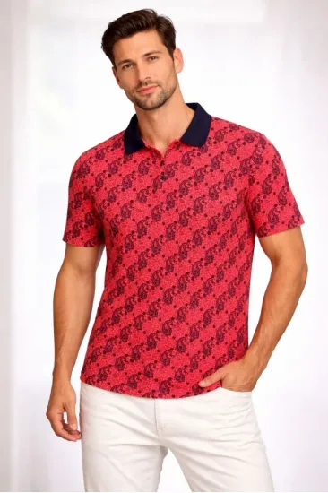 Erkek Pike Kumaş Polo Yaka Palmiye Desenli Tişört Kısa Kol Yazlık T-Shirt - Kırmızı Erkek Pike Kumaş Polo Yaka Palmiye Desenli Tişört Kısa Kol Yazlık T-Shirt - Kırmızı