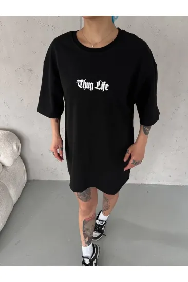Kadın Kısa Kol Yazlık Tişört Bisiklet Yaka Baskılı Oversize T-Shirt - Siyah Kadın Kısa Kol Yazlık Tişört Bisiklet Yaka Baskılı Oversize T-Shirt - Siyah