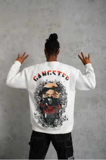 Erkek 3 İplik Pamuklu Bisiklet Yaka Gangster Baskılı Sweatshirt - Beyaz Erkek 3 İplik Pamuklu Bisiklet Yaka Gangster Baskılı Sweatshirt - Beyaz