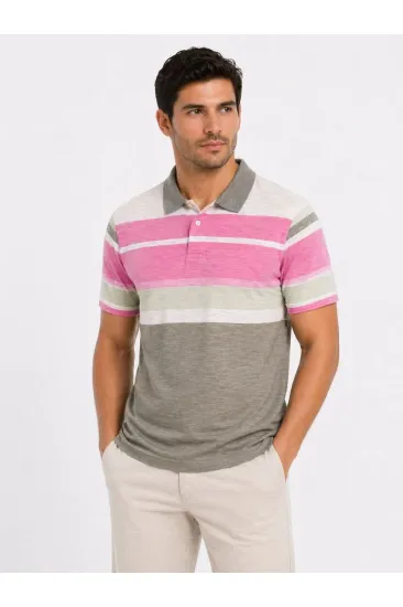 Erkek Flamlı Penye Çizgili Polo Yaka Tişört Kısa Kol Yazlık T-Shirt - Gri Erkek Flamlı Penye Çizgili Polo Yaka Tişört Kısa Kol Yazlık T-Shirt - Gri