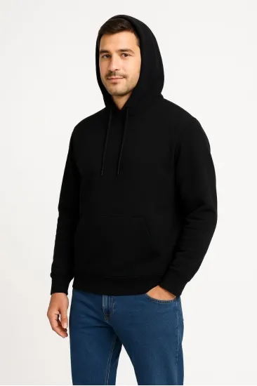 Erkek 3 İplik Pamuklu Kapüşonlu Kanguru Cepli SweatShirt hoodie - Siyah Erkek 3 İplik Pamuklu Kapüşonlu Kanguru Cepli SweatShirt hoodie - Siyah