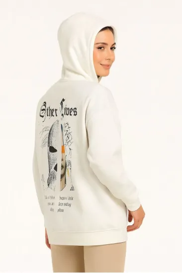Kadın Oversize Kapüşonlu Kanguru Cepli Baskılı 3 İplik Pamuklu Sweatshirt Hoodie - Beyaz Kadın Oversize Kapüşonlu Kanguru Cepli Baskılı 3 İplik Pamuklu Sweatshirt Hoodie - Beyaz
