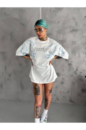 Kadın Bisiklet Yaka Yıldırım Baskılı Kısa kol T-Shirt - Beyaz Kadın Bisiklet Yaka Yıldırım Baskılı Kısa kol T-Shirt - Beyaz
