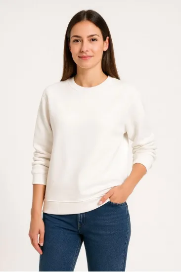 Kadın 3 İplik Pamuklu Düz Bisiklet Yaka SweatShirt - Beyaz Kadın 3 İplik Pamuklu Düz Bisiklet Yaka SweatShirt - Beyaz