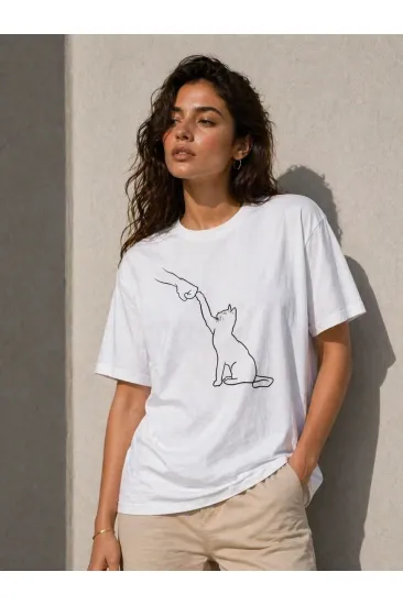 Kadın Minimal Kedi Çizim Baskılı Tişört Kısa Kol Yazlık T-Shirt - Beyaz