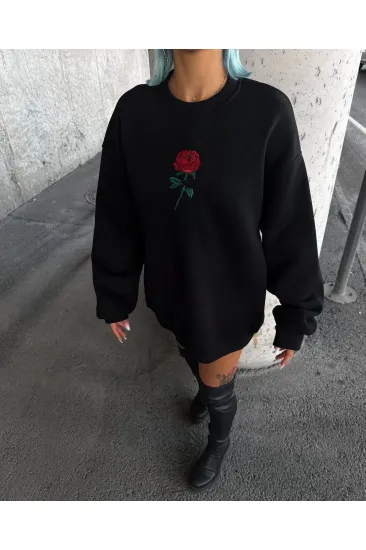 Kadın Oversize Kapüşonlu Cepli GÜL Baskılı 3 İplik Pamuklu Hoodie Sweatshirt - Siyah Kadın Oversize Kapüşonlu Cepli GÜL Baskılı 3 İplik Pamuklu Hoodie Sweatshirt - Siyah