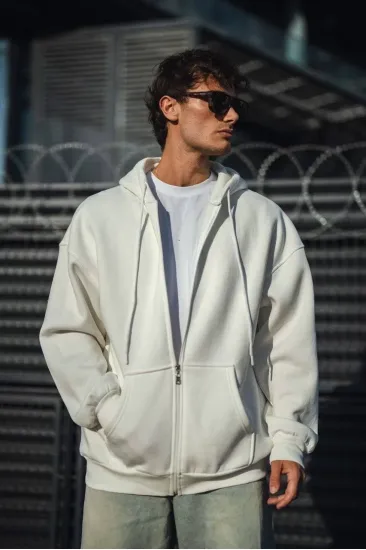 Erkek Tam Fermuarlı Cepli Kapüşonlu 3 iplik pamuklu hoodie Sweatshirt - Beyaz Erkek Tam Fermuarlı Cepli Kapüşonlu 3 iplik pamuklu hoodie Sweatshirt - Beyaz