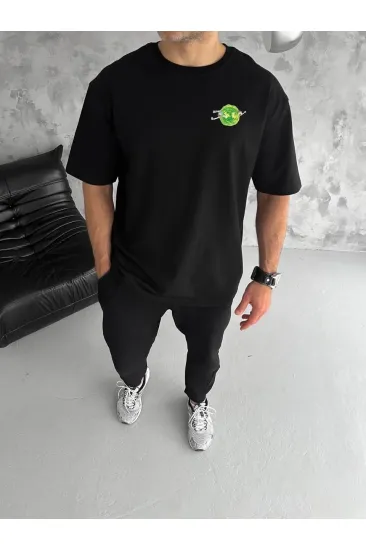Erkek Kısa Kol Tişört Bisiklet Yaka RİCK AND MORTY Baskılı T-Shirt - Siyah