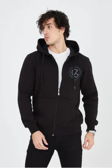 Erkek 3 İplik Pamuklu Fermuarlı Kapüşonlu Kanguru Cepli Baskılı Hoodie Hırka Sweatshirt - Siyah Erkek 3 İplik Pamuklu Fermuarlı Kapüşonlu Kanguru Cepli Baskılı Hoodie Hırka Sweatshirt - Siyah
