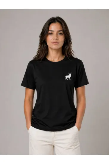 Kadın Minimal Geyik Logolu Tişört Bisiklet Yaka Kısa kol Yazlık T-Shirt - Siyah