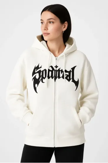 Kadın Kapüşonlu 3 İplik Pamuklu Önü Baskılı Fermuarlı Oversize Hoodie Sweatshirt - Beyaz Kadın Kapüşonlu 3 İplik Pamuklu Önü Baskılı Fermuarlı Oversize Hoodie Sweatshirt - Beyaz