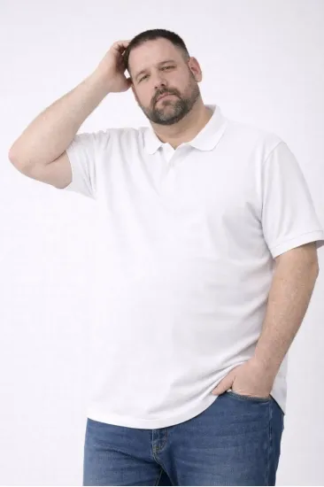 Erkek Polo Yaka Düğmeli Tişört Pike Kumaş Battal Beden Kısa Kol T-Shirt - Beyaz