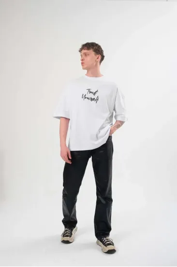 Erkek Kısa Kol Yazlık Tişört Bisiklet Yaka Baskılı Oversize T-Shirt - Beyaz Erkek Kısa Kol Yazlık Tişört Bisiklet Yaka Baskılı Oversize T-Shirt - Beyaz