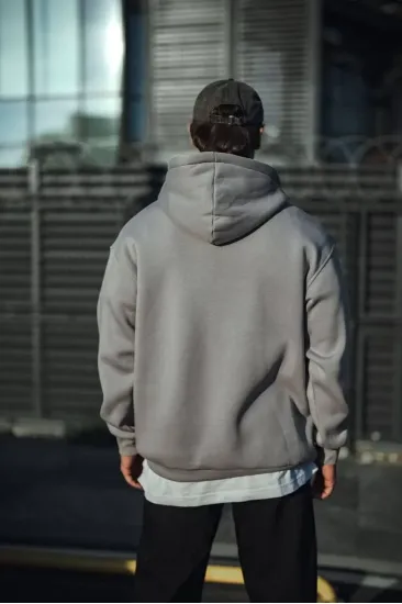 Erkek 3 İplik Penye Kapüşonlu Basic SweatShirt Hoodie - Boyalı Gri Erkek 3 İplik Penye Kapüşonlu Basic SweatShirt Hoodie - Boyalı Gri