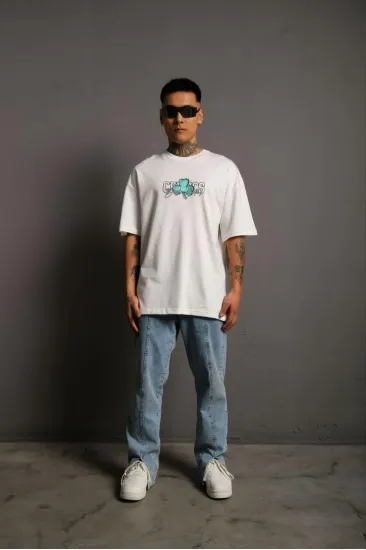 Erkek Kısa Kol Yazlık Tişört Bisiklet Yaka Baskılı Oversize T-Shirt - Beyaz Erkek Kısa Kol Yazlık Tişört Bisiklet Yaka Baskılı Oversize T-Shirt - Beyaz
