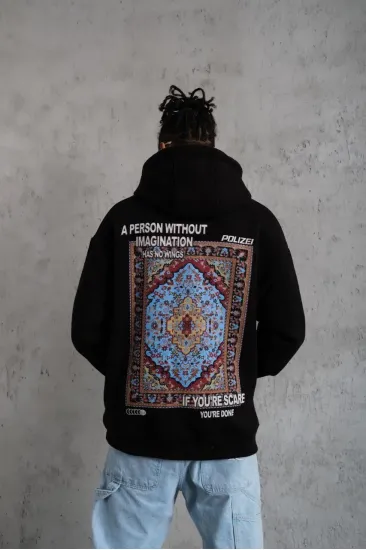 Erkek 3 İplik Pamuklu Kapüşonlu Baskılı Cepli Oversize Sweatshirt Hoodie - Siyah Erkek 3 İplik Pamuklu Kapüşonlu Baskılı Cepli Oversize Sweatshirt Hoodie - Siyah