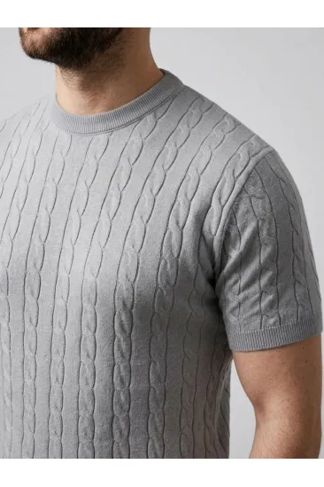 Erkek Yazlık Triko Dokuma Tişört Kısa Kol Bisiklet Yaka Örgü Desenli T-Shirt - Gri Erkek Yazlık Triko Dokuma Tişört Kısa Kol Bisiklet Yaka Örgü Desenli T-Shirt - Gri